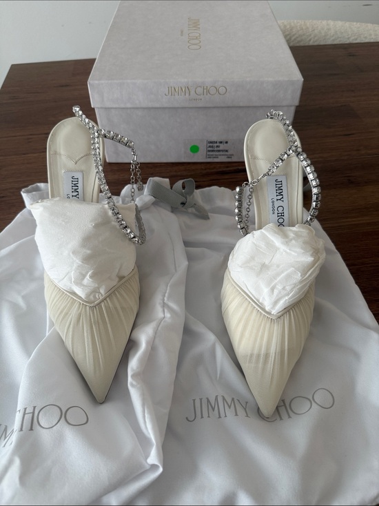Jimmy Choo Shoes - Jimmy Choo Ivory Crystal-Embellished Pointed-Toe Slingback Heels